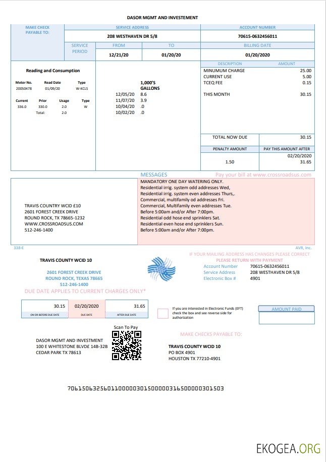 USA Texas Dasor Management and Investment utility bill template in Word nd PDF format